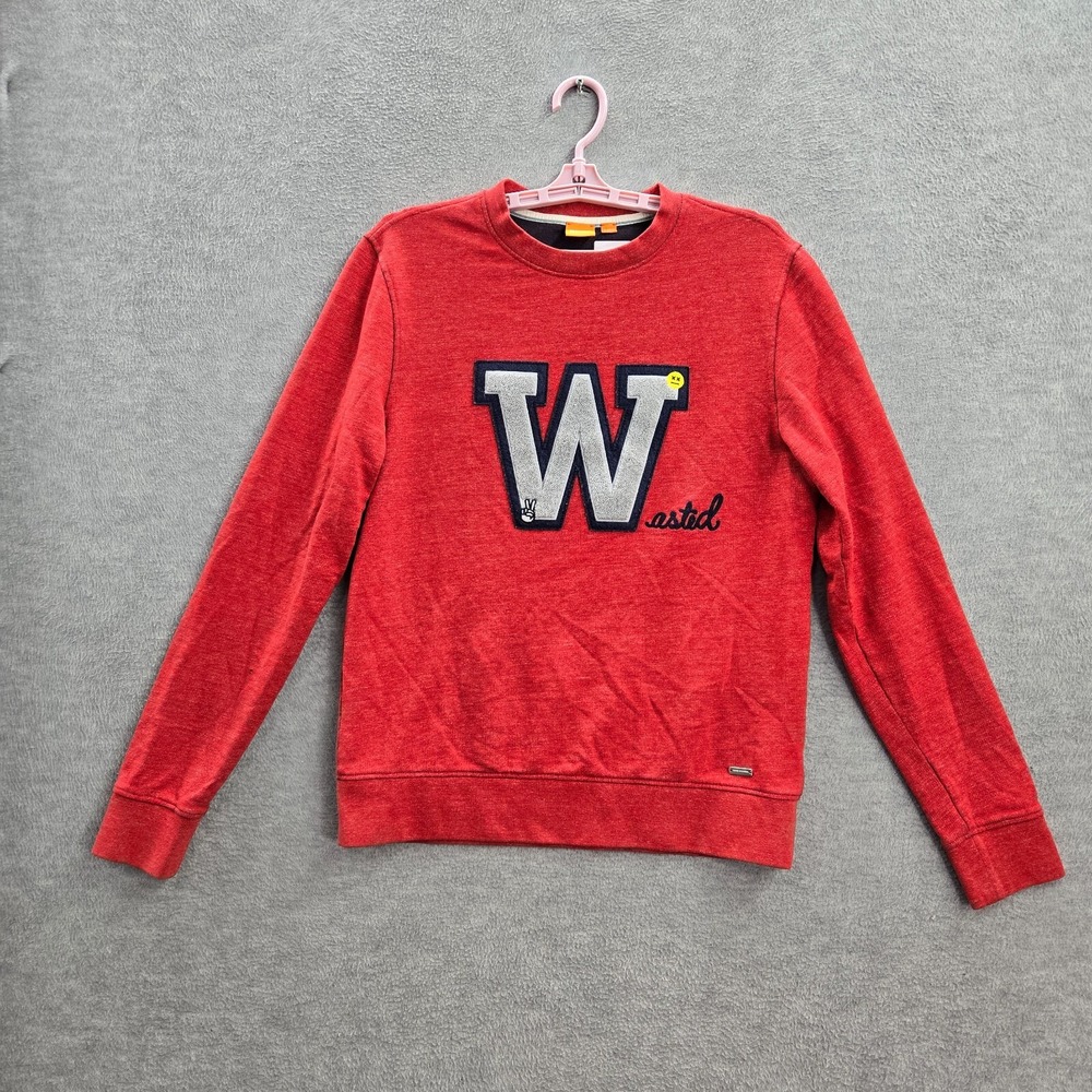 BOSS Men Sweatshirt S‎ Red Wasted Long Sleeve Cotton Elastane Logo